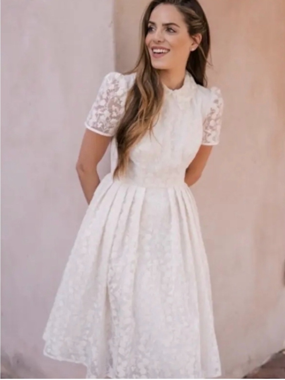 Gal Meets Glam Ivory Cream Amelia Embroidered Lace Dress with removable collar